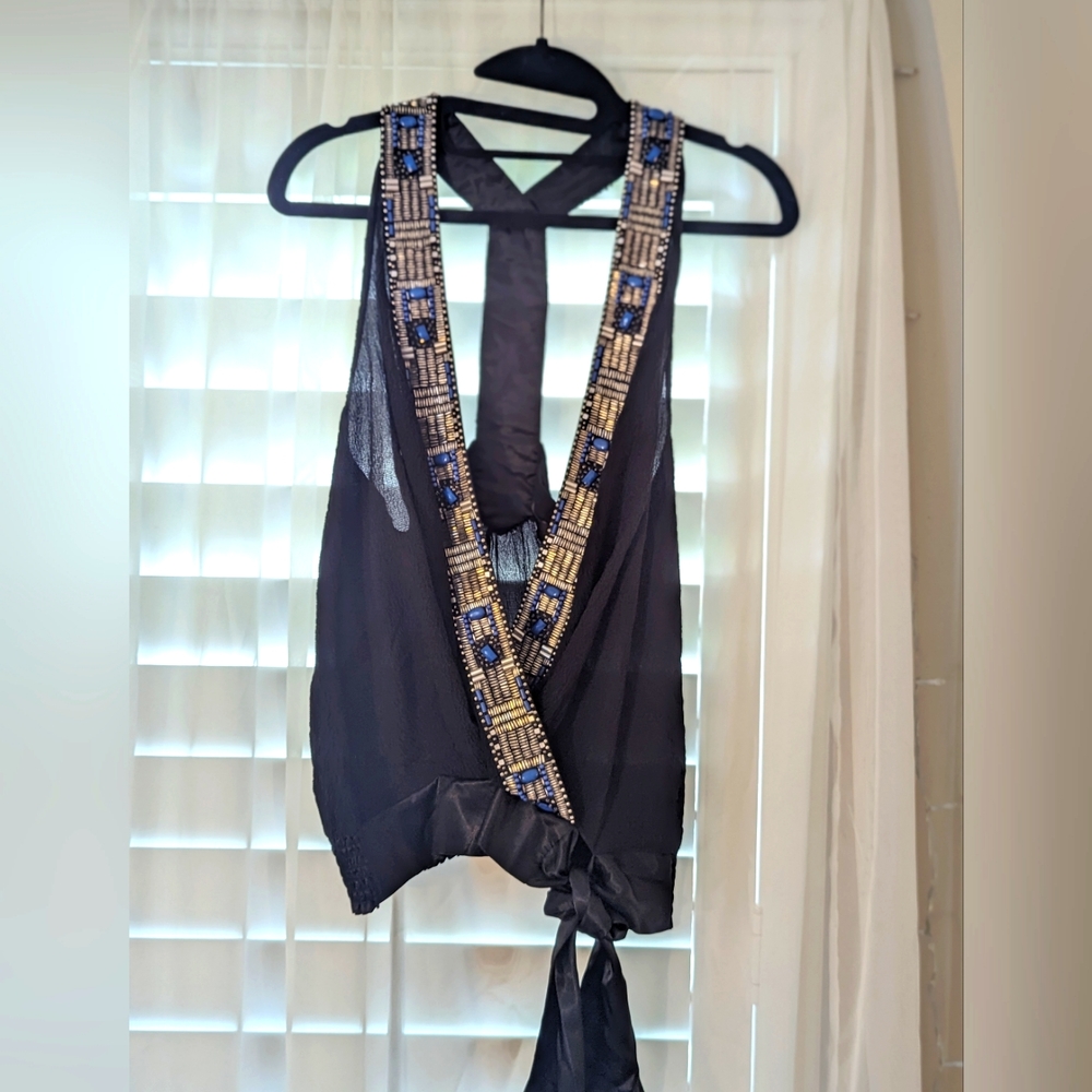 COPY - Gauze Top with Gorgeous Patterned Blue and Silver Beaded Straps and Silk…